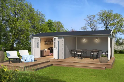 Gartenhaus Blockhaus Satteldach Amarillo grau 730x350 cm - Gartenhaus aus 28 mm Blockbohlen mit abschließbarer Doppeltür, ideal für zusätzlichen Stauraum im Garten. Die lichtgraue Farbe und das Satteldach verleihen ihm eine ansprechende Optik.