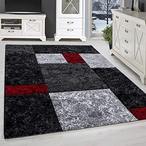 SIMPEX Kurzflor Teppich, Kariert Design, Rot, 80 x 150 cm, Läufer, Moderner Stil, Wohnzimmer