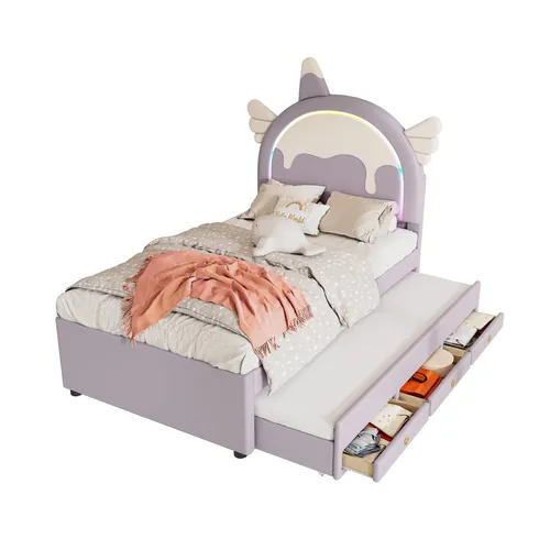 Violettes Polsterbett mit Stauraum & LED-Beleuchtung, 90x200 cm, höhenverstellbares Kopfteil - Vielseitiges Polsterbett mit RGB LED-Beleuchtung, ideal als Gästebett. Stauraum durch 3 Schubladen, stabil und einfach zu montieren. Perfekt für Kinder- und Jugendzimmer!