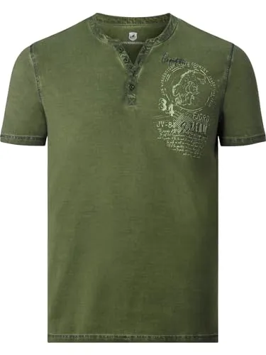 Jan Vanderstorm Herren T-Shirt Godbert Oliv L - 52/54 - T-Shirts für Herren in Übergröße, Teil der +Fit Kollektion für maximalen Komfort mit einzigartigem nordischen Aufdruck und kontrastreichen Nähten.