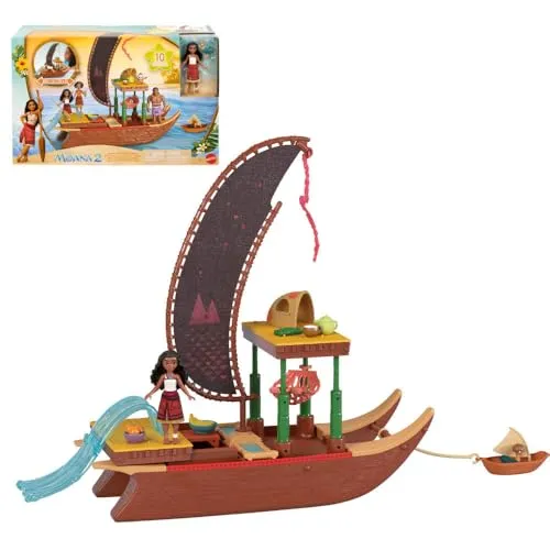 Mattel Disney JBT54 Moana 2 Spielzeuge, Moanas Abenteuer-Kanu Spielset mit schwimmendem Kanu, Moana Kleine Puppe, 1 Charakterfreund, 6 Spielbereiche & 10 Zubehörteile
