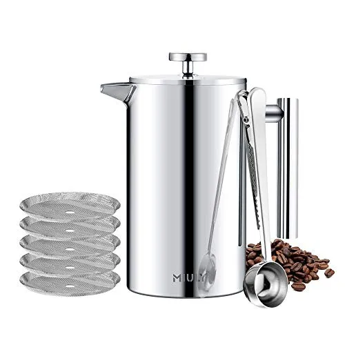 MaxMiuly Kaffeebereiter 1 Liter French Press, Doppelwandig Edelstahl Kaffeepresse mit 5 Filtersieb, Löffel, Untersetzer, Schwammbürste, 1000ml Isolierte Kaffeekanne Thermo 5 Tassen, Silber