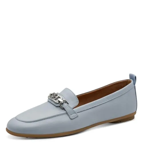 Tamaris Damen Leder Slipper mit glänzender Spange, Größe: 39 EU, Farbe: Blau - Eleganter Slipper aus atmungsaktivem Leder mit stilvoller Ristspange. Die bequeme Innenausstattung und die strapazierfähige Synthetiklaufsohle sorgen für hohen Tragekomfort – ideal für Alltag und Freizeit.