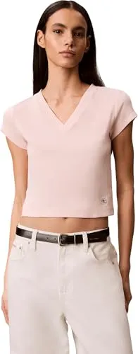 Calvin Klein Damen A-Ss Woven Label Rib Vneck Tee Lv047c910g - Stylisches T-Shirt in Orange (Mangano Calcite) für Damen, ideal für lässige Looks. Hochwertige Verarbeitung und bequeme Passform für den täglichen Einsatz.