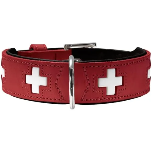 HUNTER Hundehalsband SWISS, rot/schwarz - Weiteres Autozubehör mit weichem Rindnappaleder und handvernähten Schweizer Kreuzen, langlebig, komfortabel und Made in Germany.
