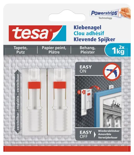tesa Powerstrips Klebenägel für max. 1,0 kg - 2 St. für flexible Wandbefestigung - Doppelseitige klebende Pads und Bänder: Ideal für Deko-Objekte bis 1,0 kg, höhenverstellbar und rückstandsfrei ablösbar - perfekte Lösung für empfindliche Untergründe.