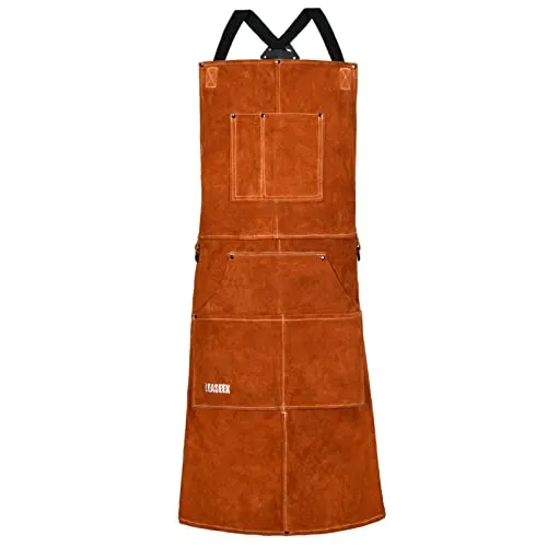 Schweißerschürze aus Leder – Hitzebeständige & Flammhemmende Schwere Arbeitsschürze mit 6 Taschen, Extra Groß & Langer Riemen, Einstellbare Schutzkleidung von M bis XXXL