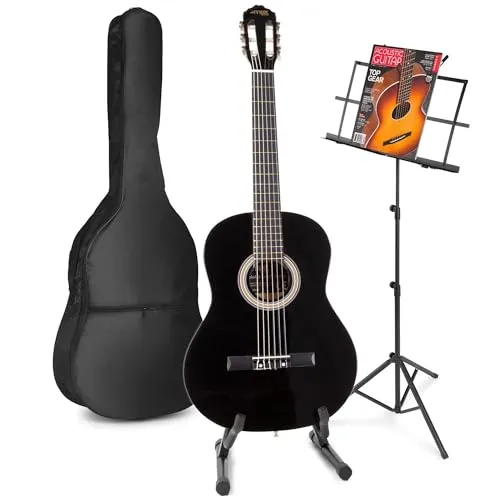 MAX SoloArt Akustik Gitarre mit Tasche, Notenständer und Gitarrrenständer, Stimmgerät, Plektrum, Gurt und Zubehör