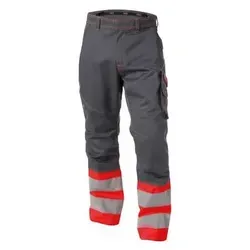 DASSY® Phoenix Warnschutzhose Zementgrau/Neonrot Gr. 53 - Hochwertige Warnschutzhose für die Arbeit, ausgestattet mit verstärkten Taschen und reflektierenden Streifen für erhöhte Sichtbarkeit. Ideal für den professionellen Einsatz im Bau und Handwerk.