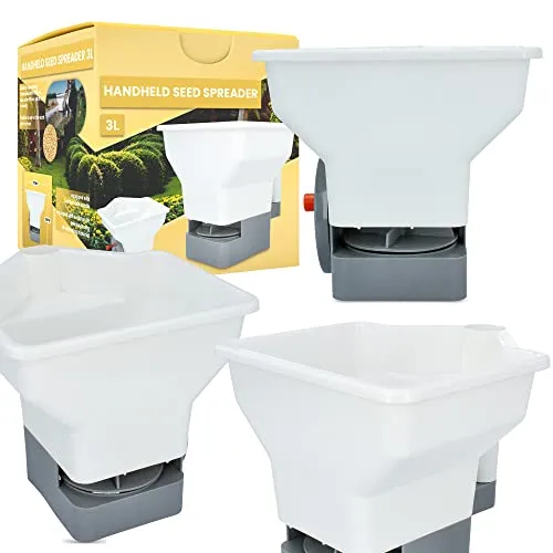 Garten-Hand-Saatstreuer Handbetriebener Saatgutverteiler 3L Universal-Streuer Saatgutstreuer Manuell Tragbarer Saatgut Rasensamen Düngerstreuer Salzstreuwagen Sandstreuer Gras Aussaat Gleichmäßig