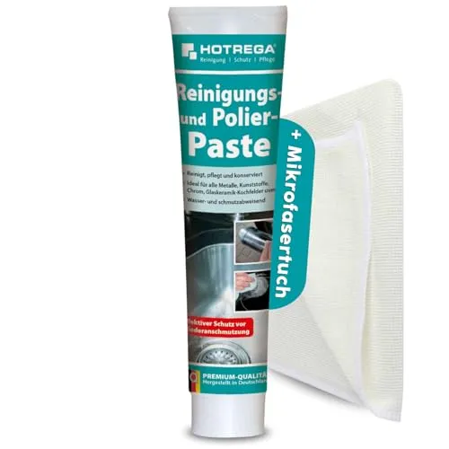 HOTREGA Reinigungspaste 125ml | Polierpaste für Glaskeramik Edelstahl Aluminium Naturstein | Reinigt & pflegt mit Abperleffekt | inkl. Microfasertuch