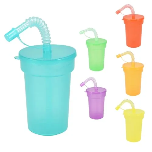 Mehrweg Kunststoff Kinder Trinkbecher bunt mit Deckel und Strohhalm - 6er Set - Kinderbecher 380 ml mit verschließbarem flexiblem Trinkhalm - Plastikbecher Sommer Garten Party Becher wiederverwendbar