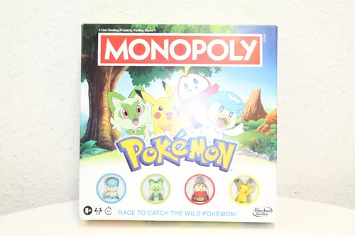 Monopoly Pokémon Edition Brettspiel – Englische Version - Gesellschaftsspiel, erlebe spannende Abenteuer als Pokémon-Trainer und fange wilde Pokémon mit 4 einzigartigen Spielfiguren!