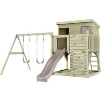 PolarPlay Spielturm Nils aus Holz in Rosa – Kinderschaukel - Schaukeln und Spielen im Freien, robust aus Holz und ideal für kreative Abenteuer im Garten.