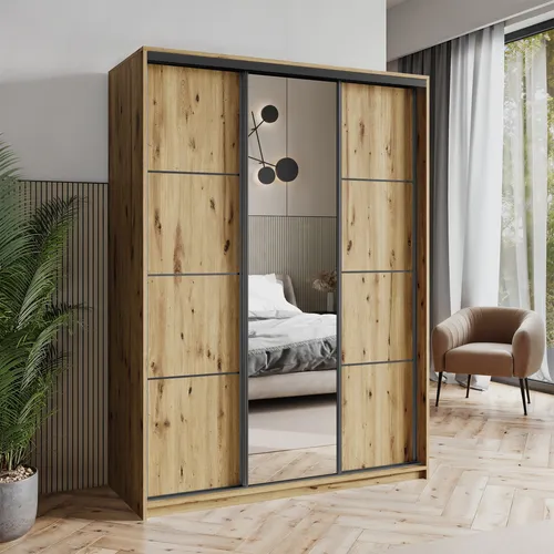 Masseno Schwebetürenschrank Eiche Artisan - Kleiderschrank mit 9 Fächern und 4 Schubladen – bietet großzügigen Stauraum und modernes Design für Ihr Schlafzimmer. Ideal für Ordnung und Stil in einem!