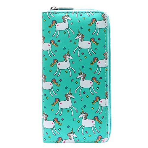 DonDon Geldbörse Damen mit Reißverschluss Portemonnaie Geldbeutel Damen Kinder Mädchen Einhörner und Sterne