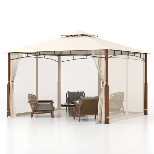 COSTWAY Pavillon 3,6x3m mit Doppeldach & Moskitonetz - Beige/Naturbelassen - Dieser geräumige Pavillon bietet Schutz bei Outdoor-Aktivitäten. Mit einem doppellagigen Baldachin aus hochwertigem Polyester und atmungsaktiven Moskitonetzen ist er ideal für gesellige Feiern im Freien.
