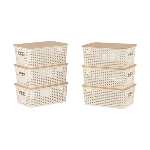 Relaxdays Aufbewahrungsbox 6er Set mit Deckel aus Kunststoff & Bambus - Praktisches 6er Set Aufbewahrungsboxen in Weiß: Ideal für Kosmetik, Spielzeug und mehr. Mit Deckel und Griffen für einfachen Transport. Maße: 10,5x25,5x18 cm, perfekt für Ordnung in jedem Raum.