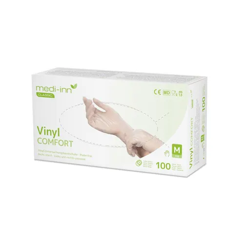 Medi-Inn Vinyl Comfort Einmalhandschuhe, transparent, puderfrei S - Arbeits- & Schutzkleidung, latexfrei und hautfreundlich, ideal für den Einsatz in Pflegeeinrichtungen und beim Umgang mit Lebensmitteln.