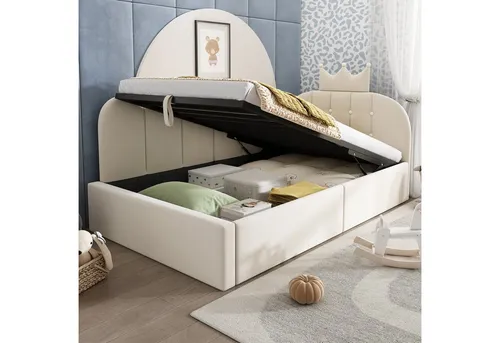 Redom Polsterbett Beige 90x200 cm – Komfort für Ihr Schlafzimmer - Entdecken Sie das stilvolle Polsterbett in Beige mit hydraulisch anhebbarem Rahmen für praktischen Stauraum. Ideal für kleine Räume und eine gemütliche Atmosphäre. Robuste Materialien sorgen für Langlebigkeit und Komfort.