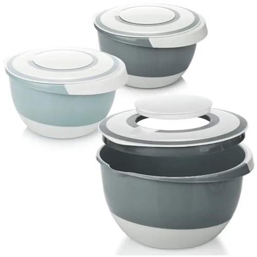 com-four® 3x 5 L Rührschüssel mit Deckel, Rühröffnung und Ausgießer - große Salatschüssel - Backschüssel mit Stoppboden - Schale mit Spritzschutzdeckel [Auswahl variiert] (3x 5L - Farbmix)