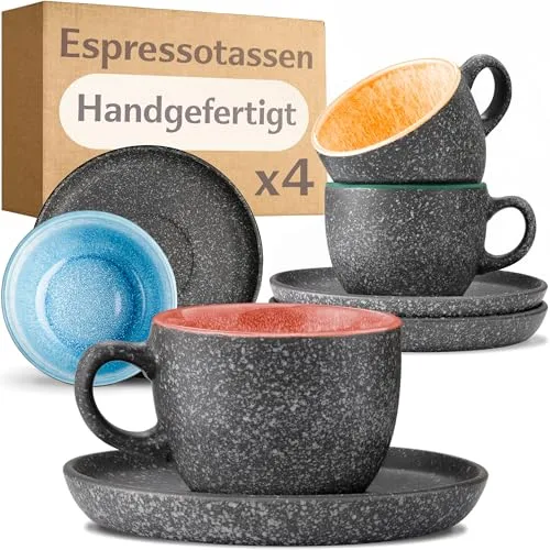 Cosumy Espressotassen mit Untertassen 4er Set Bunt - 90 ml Keramik, 𝗗𝗶𝗰𝗸𝘄𝗮𝗻𝗱𝗶𝗴𝗲𝘀 Steingut mit Handgefertigter Reaktiver Glasur - Hält Lange Warm