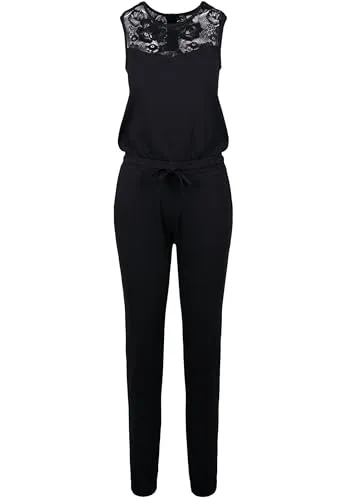 Urban Classics Damen Einteiler Ladies Lace Block Jumpsuit – Schwarz, Größe M - Jumpsuit für Damen mit floralem Spitzeneinsatz und praktischen seitlichen Taschen, perfekt für lässige und stilvolle Outfits.