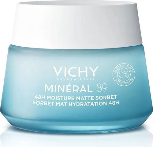 Vichy Minéral 89 Moisture Matte Sorbet 50 ml - Gesichtspflege für fettige und Mischhaut, spendet intensiv Feuchtigkeit ohne fettigen Film, zieht schnell ein und reduziert Talgproduktion.