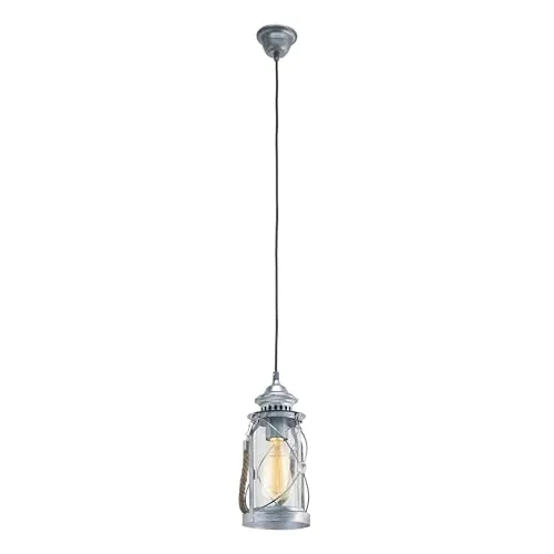 Eglo Pendelleuchte Bradford Silber Ø 14 cm E27, max. 60 W - Lampen - Elegante Pendelleuchte im klassischen Laternen-Design mit silber-antiken Metall-Körper und klarem Glas-Zylinder für stilvolle Beleuchtung in jedem Raum.