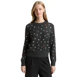 Strickpullover TOM TAILOR DENIM, Damen, Gr. M, grau weiß dots and hearts, Strick, Obermaterial: 79% Polyacryl, 18% Polyester, 3% Elasthan, bestickt, relaxed fit normal, Rundhals, Rippbündchen, Pullover Strickpullover, mit Stickereien