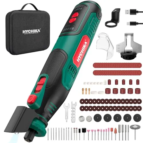 HYCHIKA Akku-Rotationswerkzeug 8V 2,0Ah leistungsstärkerer Akku, 5-Gang bis 30000 U/min, 145-teiliges Zubehör inkl. Kettensägeschärfer & LED-Arbeitsleuchte für Gravieren, Polieren, Schneiden, Bohren