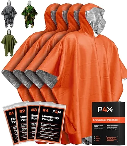 Emergency Blanket Poncho - Keeps you and your equipment dry and warm while camping, hiking or any other outdoor activity, to keep you ready to survive, 4 pieces