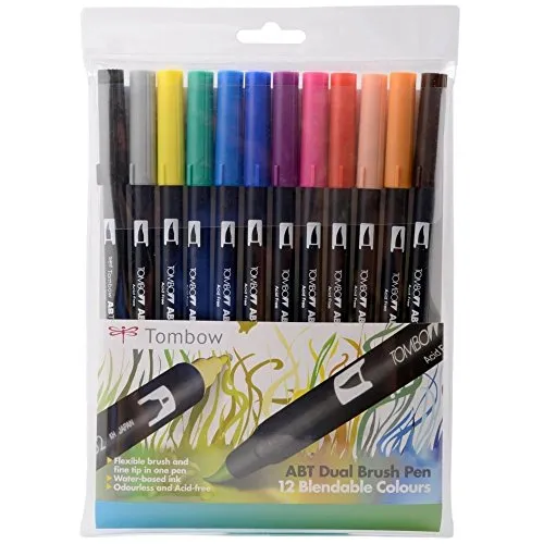 Tombow ABT-12C-1 Fasermaler Dual Brush Pen mit zwei Spitzen, 12-er Set, primärfarben
