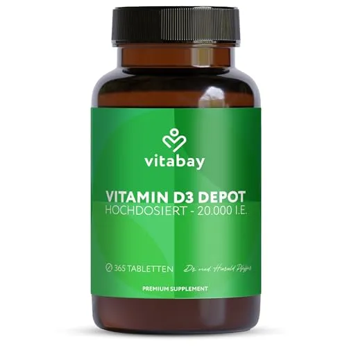 Vitabay Vitamin D3 Depot 20.000 I.E. - Hochdosierte vegane Tabletten - Vitamin D Präparate - Unterstützt das Immunsystem und trägt zur Erhaltung normaler Knochen, hochdosiert mit 20.000 I.E. pro Tablette, vegan und ohne unerwünschte Zusätze.