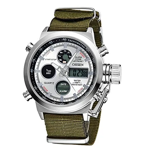 JewelryWe Uhren Herren Analog Digital Quarz Zwei Zeitzone Armbanduhr Nylon Tetxil Armband Uhr Sportuhr mit Leuchtend Zeiger, Alarm, Stoppuhr, Chronograph, Glockenspiel, Datum Tag Kalender