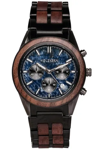 Holzkern Quarzuhr Space Dust Walnuss/Marmor - Elegante Armbanduhr für Männer mit präzisem japanischen Quarzwerk und einzigartigem Zifferblatt aus blauem Marmor, ideal für stilbewusste Träger.