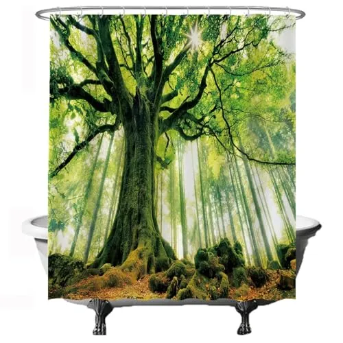 Ulticool Duschvorhang - Baum Energie Natur Hell Wald - 180 x 200 cm – Anti Schimmel - Waschbar – Wasserdicht - mit 12 Ringe - Grün