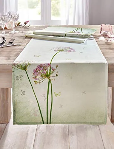 Tischläufer Allium weiß mit Blütenmotiv und Farbverlauf, 40x150 cm - Tischläufer in elegantem Weiß mit frühlingshaftem Blütenmotiv und sanftem Farbverlauf, perfekt für festliche Anlässe oder als stilvolle Tischdekoration.