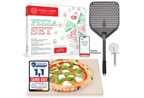 Pizza Lover Pizzastein-Set 4in1 - Backsteine - Hochwertiges Pizzastein-Set mit Cordierit, hitzebeständig bis 800°C, inklusive Pizzaschieber und Roller für perfekte Pizzen zu Hause.