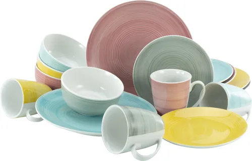 CreaTable 23585 PASTELLO 16-teiliges Geschirrset - Kombiservice aus hochwertigem Porzellan in trendigem Design mit handgemaltem Spiral Dekor, spülmaschinen- und mikrowellengeeignet für langanhaltende Freude.