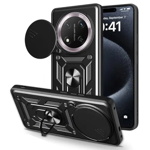 YSONCHAN Hülle für Honor Magic7 Lite/Magic 7 Lite/Honor X9C, Schutzhülle mit Stoßfeste Objektiv Cover, Bumper Handyhülle mit Magnetring und Dreh Ständer, Robuste Hülle. Schwarz