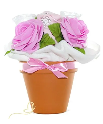 Baby Blumentopf | Windeln, Babytextilien und Rosendeko - Baby Blumenstrauß | Geschenk zur Babyparty Babyshower & Geburt