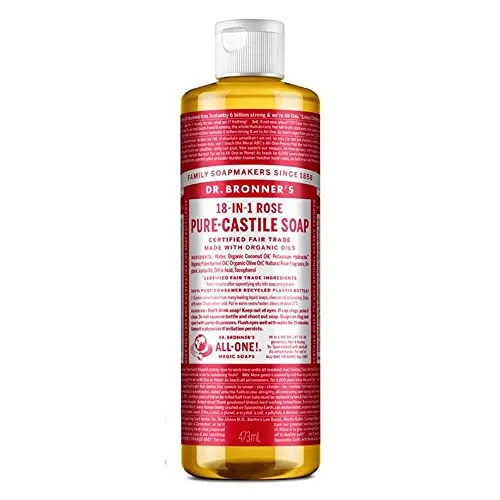 Dr. Bronner's 18-in-1 Rose Pure Castile Flüssigseife - Duschgel, 3x konzentriert und vielseitig einsetzbar für Gesicht, Körper, Haare und mehr, aus 90% organischen Inhaltsstoffen, Fair Trade und vegan, in 100% recycelter Verpackung.