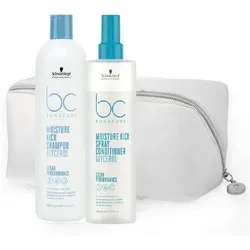 Schwarzkopf BC Moisture Kick Set - Shampoo 500 ml + Spray Conditioner 400 ml + Kosmetiktasche, feuchtigkeitsspendende Pflege für normales bis trockenes Haar, vegan und ohne Silikone, für geschmeidigen Glanz und verbesserte Frisierbarkeit.