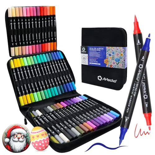Artecho Acrylstifte 48 Farben im Stoffbeutel – Wasserfester Dual Tip Marker für kreative Projekte