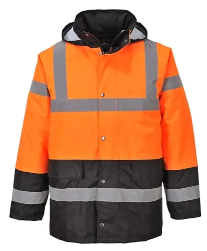Portwest Zweifarbige Warnschutz-Jacke S467OBRS - Größe S, Orange/Schwarz - Hochsichtbare zweifarbige Warnjacke mit wasserdichten Nähten, ideal für den Außeneinsatz. Robustes Material sorgt für Langlebigkeit und Schutz bei wechselhaften Wetterbedingungen.