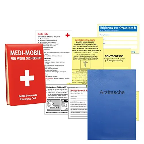 Medi-Mobil Notfall Informationsset DIN A7 (ca. 11 x 8 cm) mit Zeckenkarte, Organspendeausweis, Erste Hilfe Tipps inkl. Arzttasche gratis