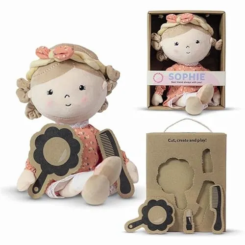 Petite&Mars Cuddly Toy Sophie Puppe 35 cm - Weich- & Stoffpuppen, 35 cm große Sophie Puppe, fördert die sensorische Entwicklung und ist ideal für Reisen – ein perfekter Begleiter für Ihr Kind!
