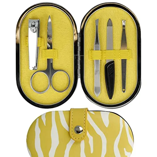 CLAUSS Maniküre Set 5-teilig plus Etui, mit Nagelschere, Feile, Pinzette, Nagelknipser und Nagelhautentferner, Carbonstahl, rostfreier Stahl, Zebra, gelb weiß, CL-96110