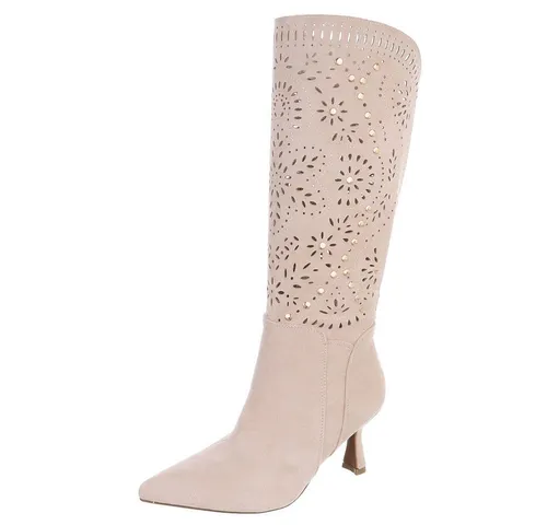 Ital-Design Kniehohe Stiefel mit Aussparungen und Absatz für Damen Sommerboots (91261241) Pfennig-/Stilettoabsatz Stiefel in Beige